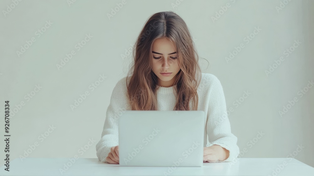 Pretty lady using laptop at table Pretty lady using laptop at table