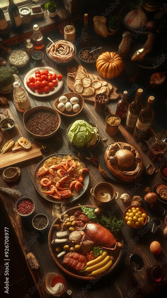 AI generator image of raw materials for cooking such as vegetables, fruits, beef, pork, chicken, fish, shrimp. AI generator image of raw materials for cooking such as vegetables, fruits, beef, pork, chicken, fish, shrimp.