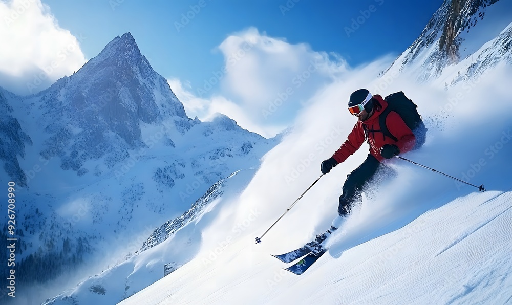 skier speeding down a steep, powder-filled slope, leaving a trail of snow behind skier speeding down a steep, powder-filled slope, leaving a trail of snow behind