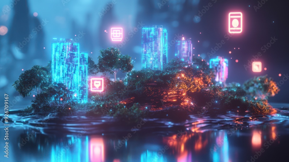 Fototapeta premium Neon Cityscape on an Island