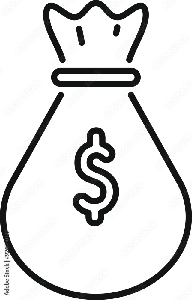 Simple vector icon of a bag with a dollar sign on it, representing saving money, finance, and wealth