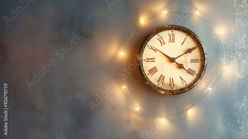 Wallpaper Mural Vintage Wall Clock with Warm Fairy Lights on Textured Blue Background Torontodigital.ca
