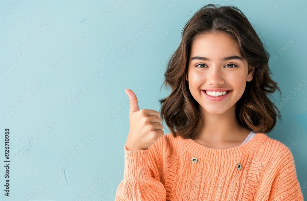 Cheerful Girl in Orange Sweater Giving Thumbs Up Against Blue Background Cheerful Girl in Orange Sweater Giving Thumbs Up Against Blue Background