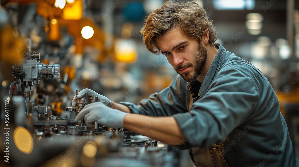 A factory worker assembling parts on a production line, wearing everyday work clothes with an industrial setting in the background, with copy space A factory worker assembling parts on a production line, wearing everyday work clothes with an industrial setting in the background, with copy space