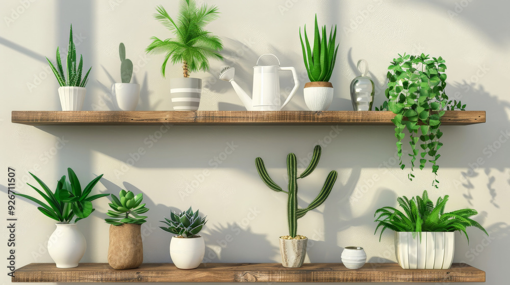 Modern Room Decor with Plants on Wooden Shelves

