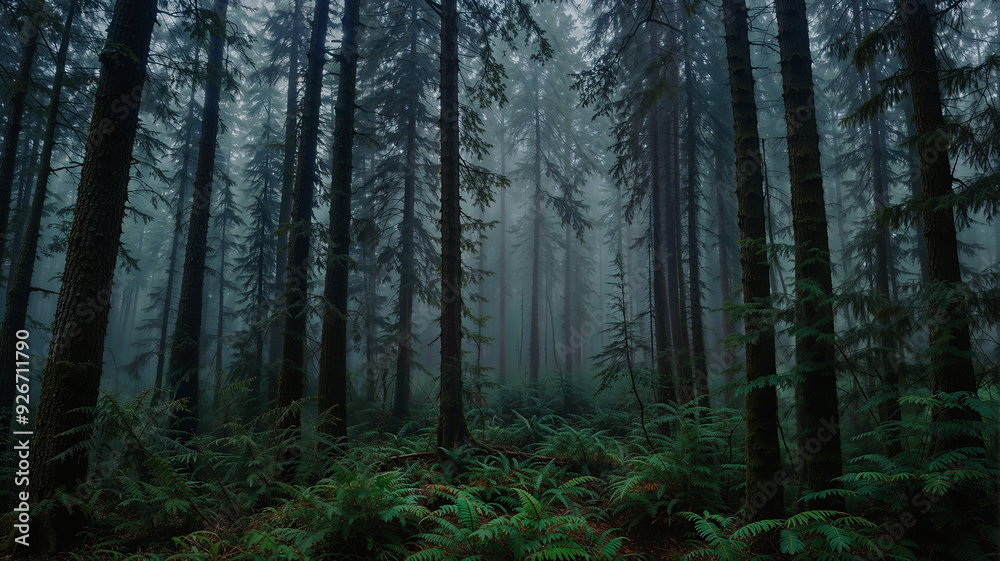 Fototapeta premium Whispering Pines: A Misty Morning Among Towering Trees and Lush Ferns