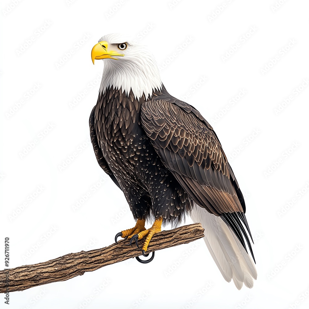 Fototapeta premium Bald eagle perched on a branch, isolated on white background.