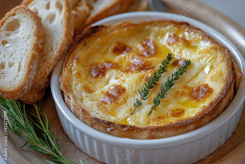 A plate of baked Camembert cheese with herbs and a baguette, delicious food photography, close-up shot, soft lighting