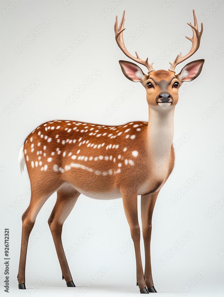 Two fawn deer standing together on a grey background. Two fawn deer standing together on a grey background.
