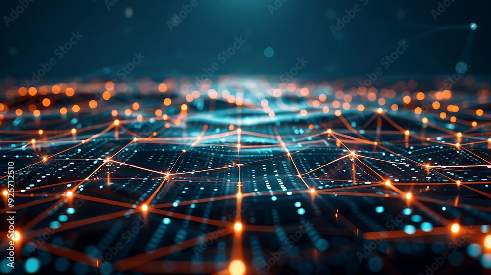 Obraz premium Abstract image on a dark background, showcasing interconnected data points that represent digital transformation and big data. Advanced AI driven network systems for a high tech future. 