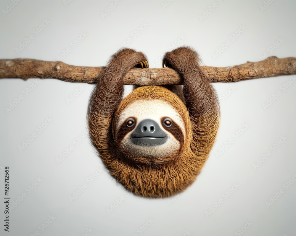 A cute sloth hanging upside down from a branch with a happy expression. A cute sloth hanging upside down from a branch with a happy expression.
