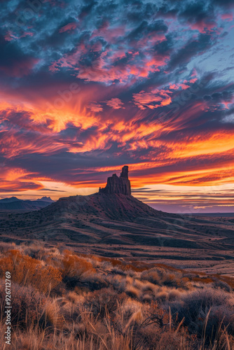 Cactus at Sunset with Butte in the Background 