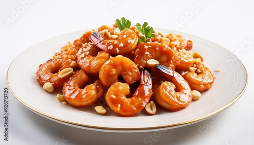 On a white BackgroundHoney Garlic Glazed Shrimp with Cashews photo