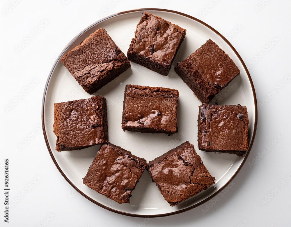 On a white BackgroundTop view of a plate of nine chocolate brownies On a white BackgroundTop view of a plate of nine chocolate brownies