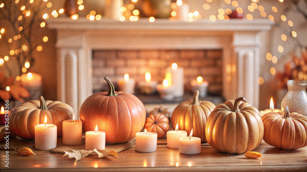 Autumn Fireplace Mantel Decorated with Pumpkins, Candles, and Fall Leaves Autumn Fireplace Mantel Decorated with Pumpkins, Candles, and Fall Leaves