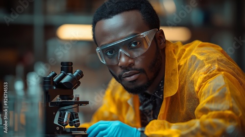 Black Male Microbiologist Conducting Scientific Research in a Laboratory, Wearing Safety Goggles and Gloves, with Microscope and Lab Supplies on Workbench