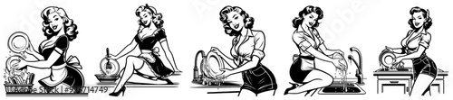 pinup girl, black vector illustration, pin-up woman silhouette, comic character, cleaning, washing dishes, cleaning something, washing plates.