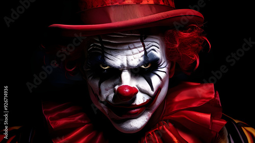 Close-up of scary clown with face paint on a dark background. contrasting colors like red, black, and white to enhance the sinister feel. photo