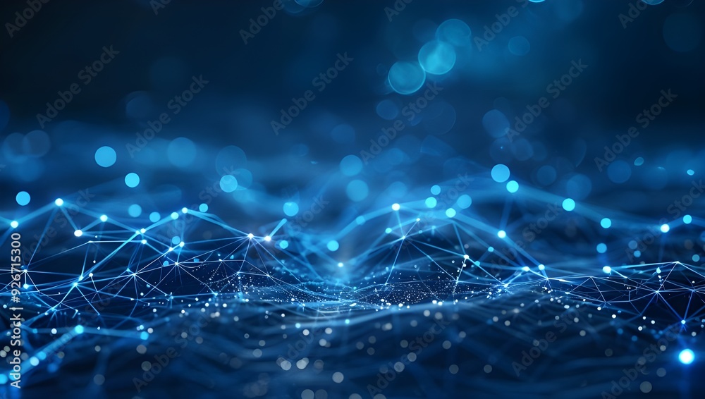 Abstract background with blue glowing connections and nodes in space, dark blue background. Abstract background with blue glowing connections and nodes in space, dark blue background.
