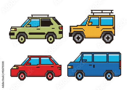 8ビットで描いた自動車のピクセルアート　SUV、RV、ミニバン、セダン　アイコン　イラストセット
