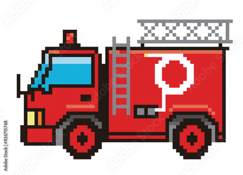 8ビットで描いた自動車のピクセルアート　消防車、はしご車のイラスト　アイコン
