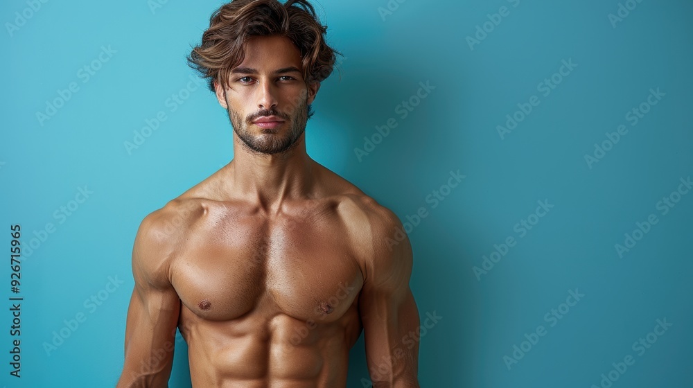 Young man with muscular build poses against a blue wall in a studio Young man with muscular build poses against a blue wall in a studio