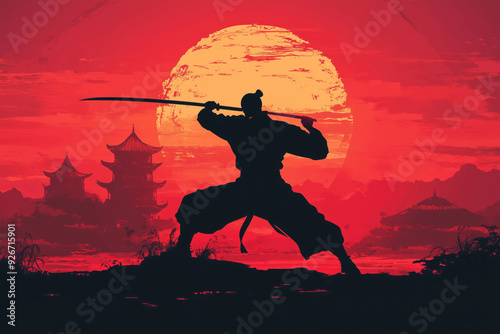 Warrior practice at sunset with a sword silhouette against a vibrant sky