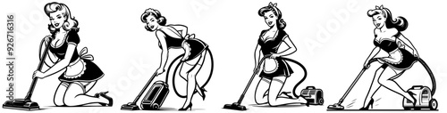 beauty pin-up girl illustration, adorable beautiful pinup woman, model, comic book character, black shape silhouette vector decoration, vacuuming, cleaning