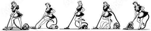 beauty pin-up girl illustration, adorable beautiful pinup woman, model, comic book character, black shape silhouette vector decoration, vacuuming, cleaning