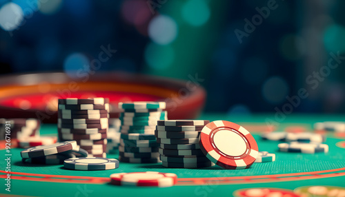 Casino gambling chips on green table with bokeh background isolated with white highlights, png photo