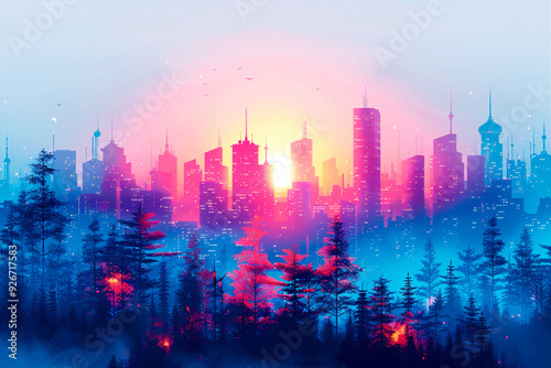 A bright sunrise over a city with sky changing from warm orange to cool blue. There are trees in front of the city. They are green and show how good it is to live in a city and in nature