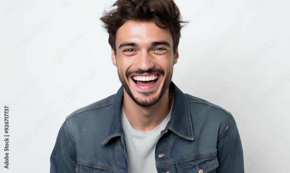 Portrait of a cheerful young man laughing and looking at camera over white background Portrait of a cheerful young man laughing and looking at camera over white background