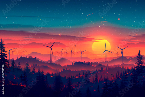 The golden sun is setting over a picturesque forest landscape dotted with wind turbines