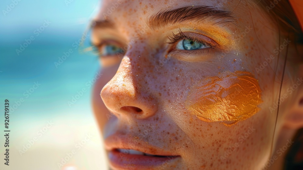 Woman with sunscreen on her face at the beach. Woman with sunscreen on her face at the beach.