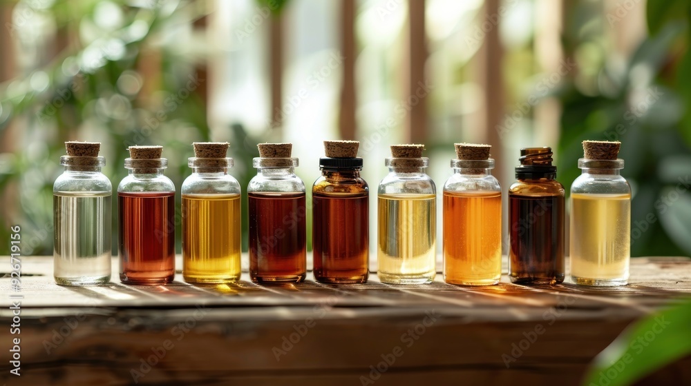 Collection of essential oil bottles on a wooden shelf. Collection of essential oil bottles on a wooden shelf.