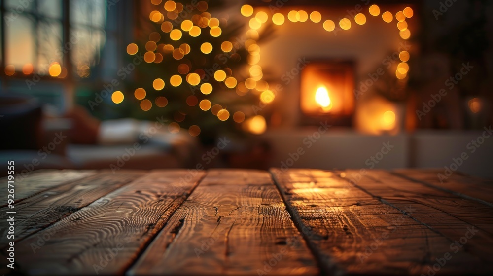 Empty wooden table with soft evening light, blurred background of cozy living room. Empty wooden table with soft evening light, blurred background of cozy living room.