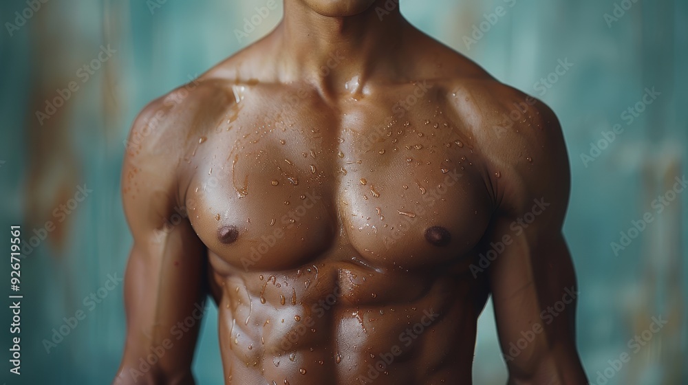 Fototapeta premium A muscular person showcasing their physique with water droplets on their skin in a studio setting