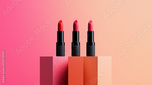 three tubes of lipstick product photography, studio background red rose pink peach blank dispenser pillar pedestal podium
