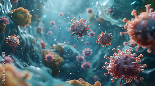 The immunotherapy medical approach, featuring floating viruses in a microscopic view. The image illustrates the concept of using the bodys immune system to fight diseases, particularly cancer. 