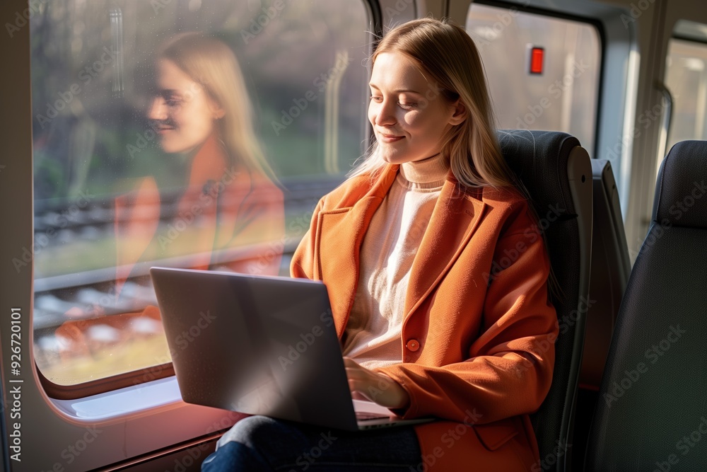 Young woman working on a laptop while enjoying a peaceful train ride, sunlight reflecting through the window on her focused expression Young woman working on a laptop while enjoying a peaceful train ride, sunlight reflecting through the window on her focused expression