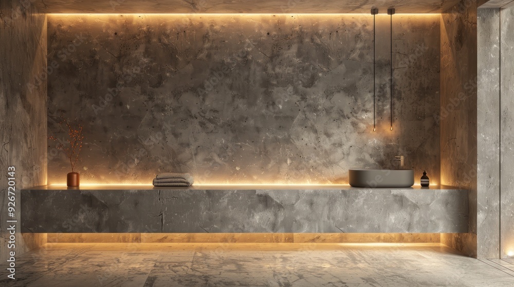 Minimalist bathroom with concrete walls, floating vanity with integrated sink, recessed lighting. Minimalist bathroom with concrete walls, floating vanity with integrated sink, recessed lighting.