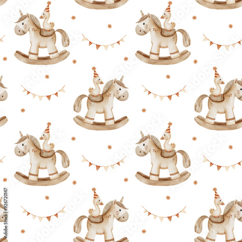 Vector watercolor seamless pattern of a cute goose in birthday hat riding a rocking horse