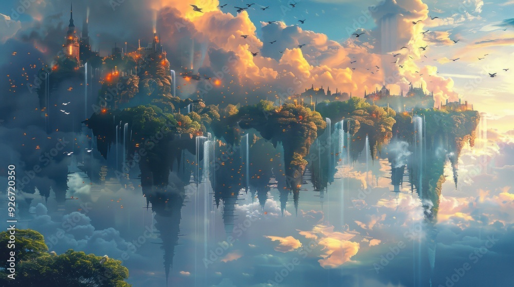 Fototapeta premium Floating islands with waterfalls and castles, illuminated by the golden glow of a sunset, creating a mystical landscape.