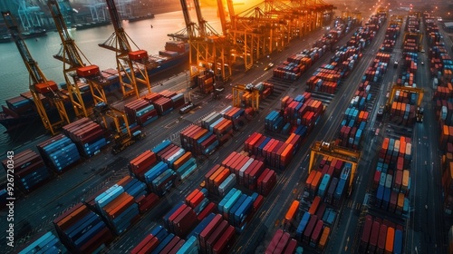 Wallpaper Mural Shipping port at sunset, cranes, containers, maritime logistics. Torontodigital.ca
