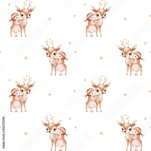 Vector watercolor seamless pattern with a cute little girl with a fawn