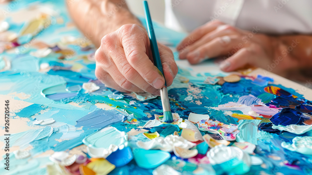 Close-up of a painter's hand applying vibrant blue paint with a brush on a textured canvas, showcasing artistry and creativity.