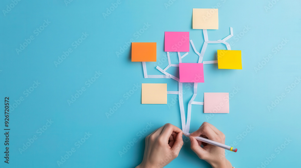 Colorful sticky notes arranged on a blue surface, depicting a brainstorming process with hands and a pen involved. Colorful sticky notes arranged on a blue surface, depicting a brainstorming process with hands and a pen involved.