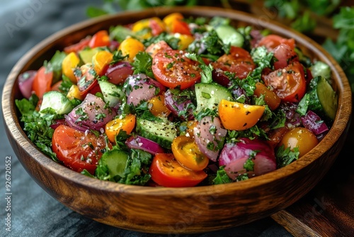 vibrant harvest salad in rustic wooden bowl organic vegetables earthy tones natural light farmhouseinspired setting