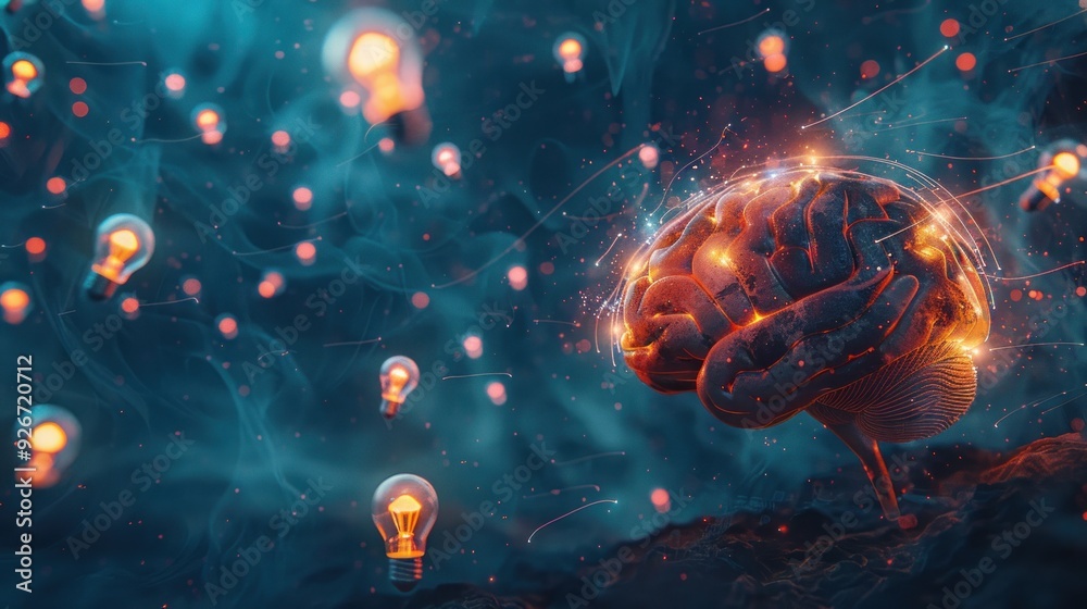Digital painting of brain with holographic light bulbs, flow of ideas, technological creativity, dark blue background. Digital painting of brain with holographic light bulbs, flow of ideas, technological creativity, dark blue background.