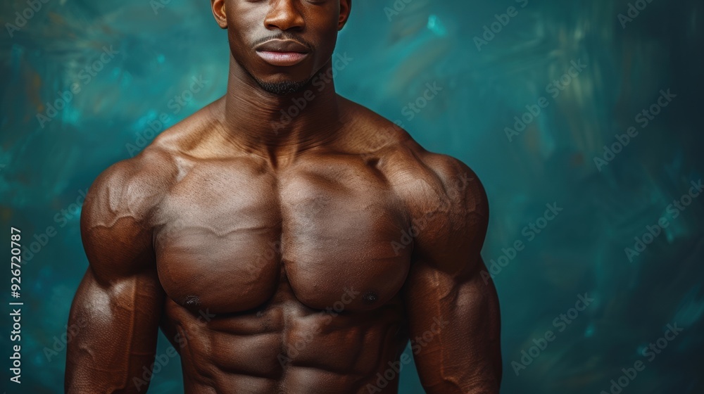Muscular individual posing confidently against a textured blue background in a studio setting Muscular individual posing confidently against a textured blue background in a studio setting